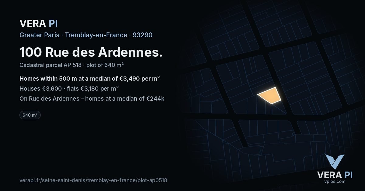 100 Rue des Ardennes, Tremblay-en-France at night – the plot lit, the parcels around coloured by the prices near them