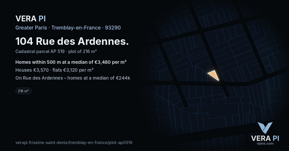 104 Rue des Ardennes, Tremblay-en-France at night – the plot lit, the parcels around coloured by the prices near them