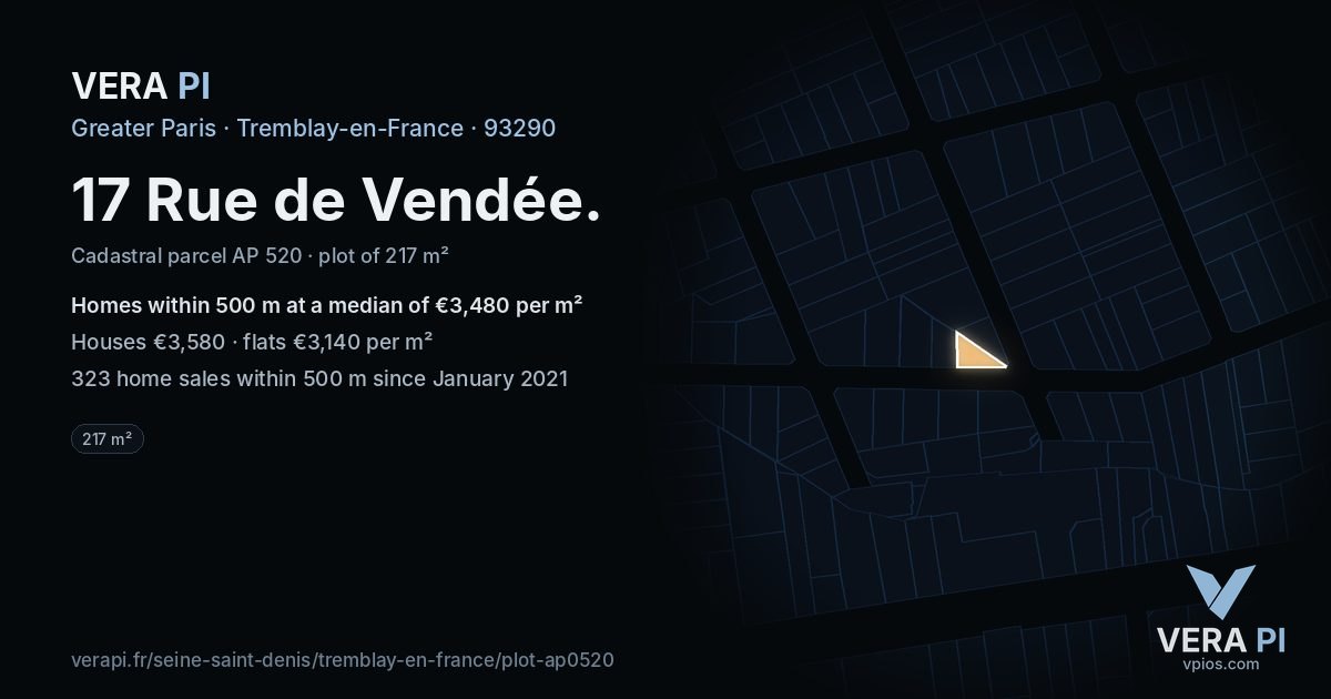 17 Rue de Vendée, Tremblay-en-France at night – the plot lit, the parcels around coloured by the prices near them