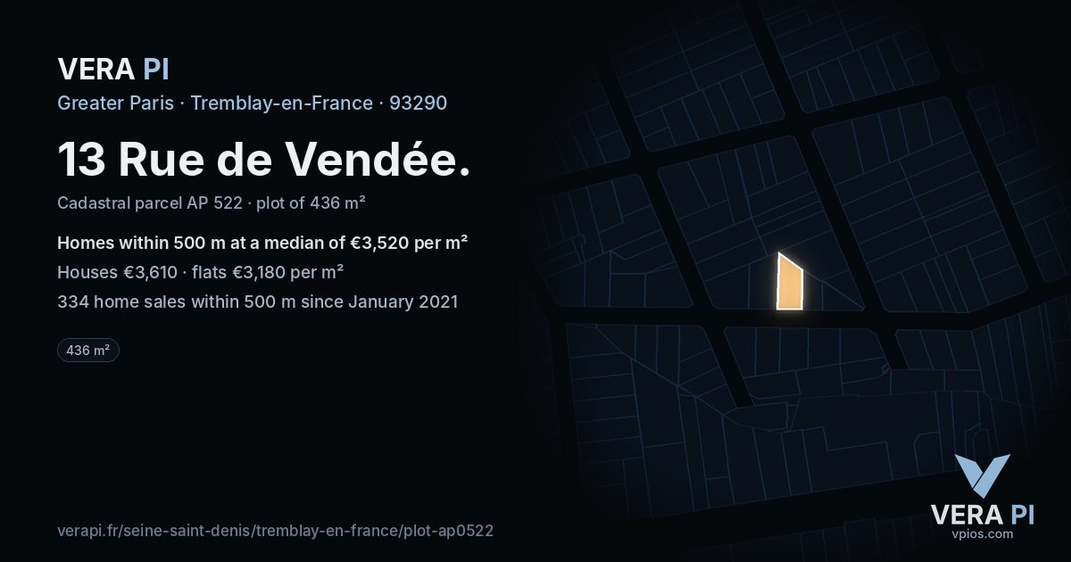 13 Rue de Vendée, Tremblay-en-France at night – the plot lit, the parcels around coloured by the prices near them
