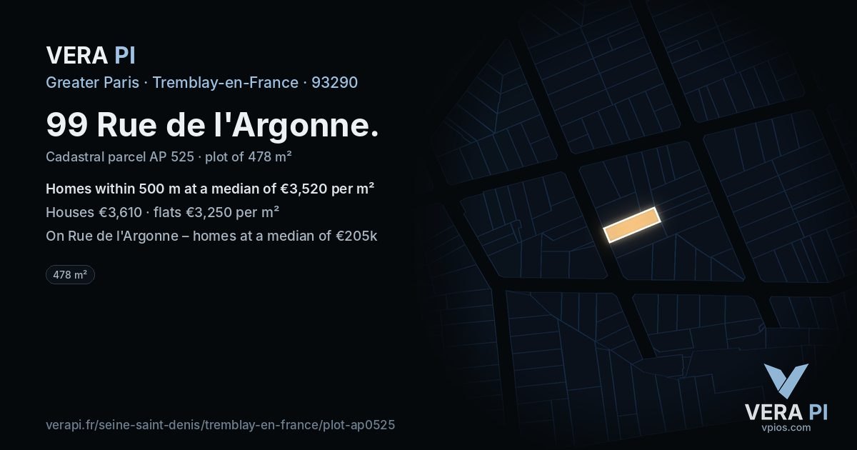 99 Rue de l'Argonne, Tremblay-en-France at night – the plot lit, the parcels around coloured by the prices near them