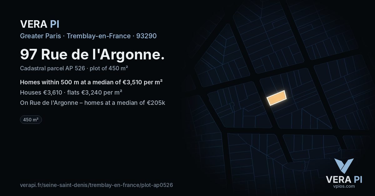 97 Rue de l'Argonne, Tremblay-en-France at night – the plot lit, the parcels around coloured by the prices near them