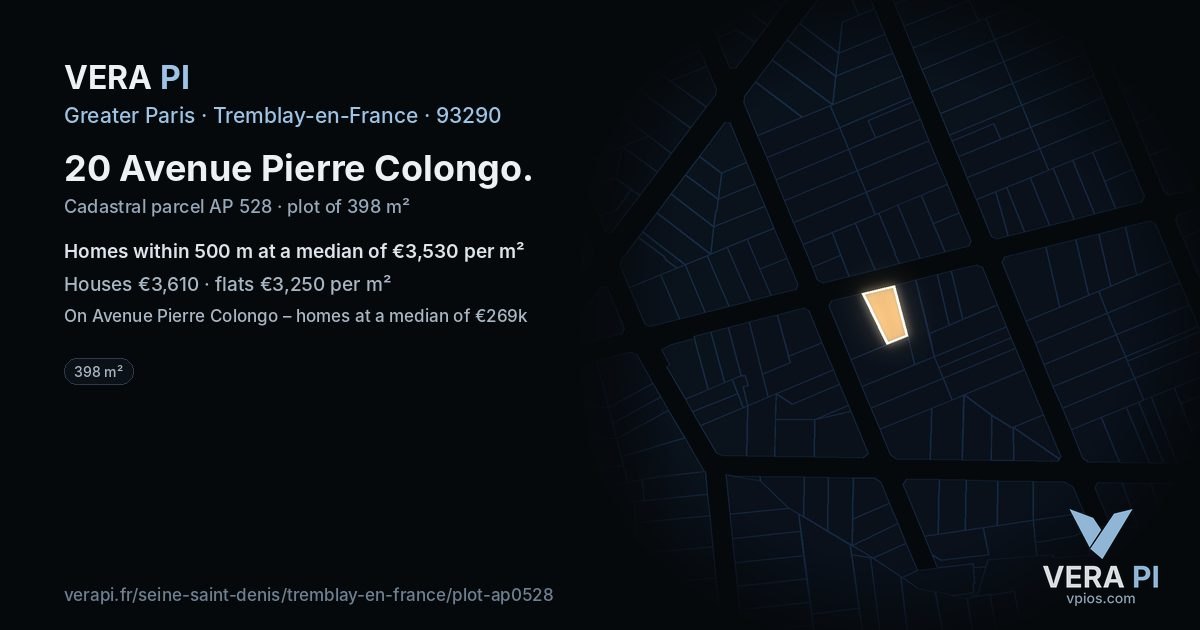 20 Avenue Pierre Colongo, Tremblay-en-France at night – the plot lit, the parcels around coloured by the prices near them