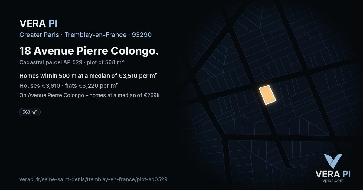 18 Avenue Pierre Colongo, Tremblay-en-France at night – the plot lit, the parcels around coloured by the prices near them