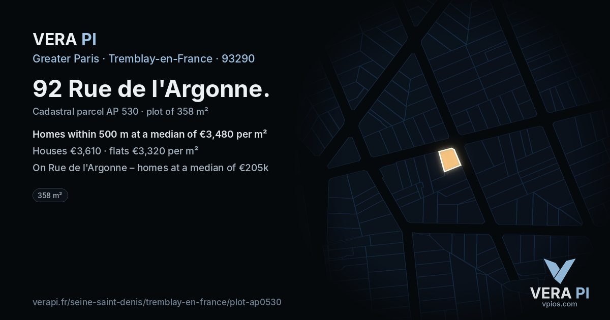 92 Rue de l'Argonne, Tremblay-en-France at night – the plot lit, the parcels around coloured by the prices near them