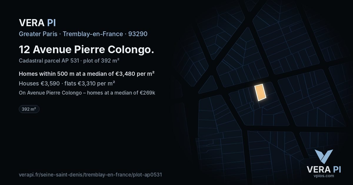 12 Avenue Pierre Colongo, Tremblay-en-France at night – the plot lit, the parcels around coloured by the prices near them