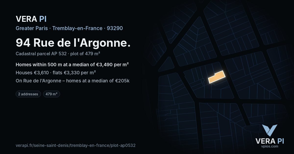 94 Rue de l'Argonne, Tremblay-en-France at night – the plot lit, the parcels around coloured by the prices near them