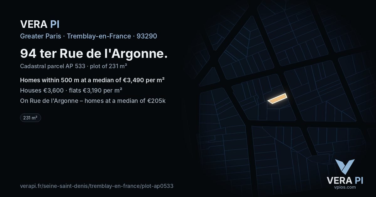 94 ter Rue de l'Argonne, Tremblay-en-France at night – the plot lit, the parcels around coloured by the prices near them