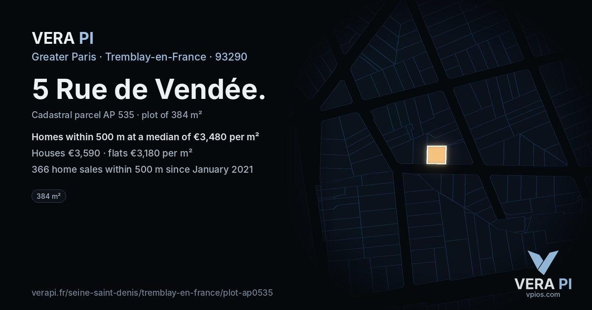 5 Rue de Vendée, Tremblay-en-France at night – the plot lit, the parcels around coloured by the prices near them