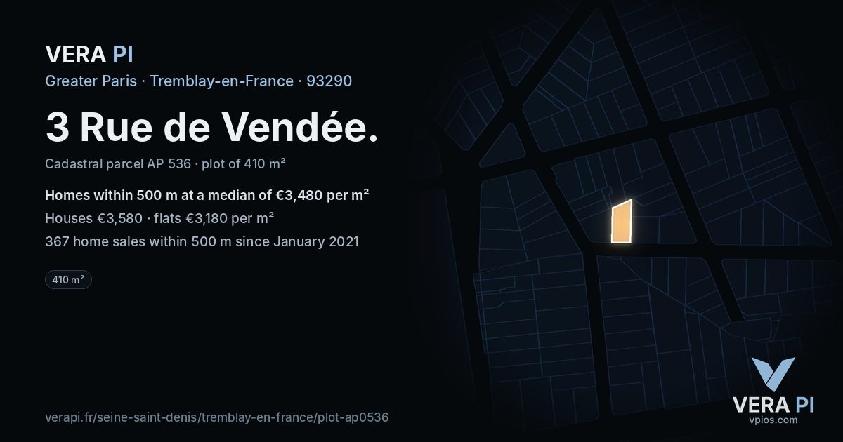 3 Rue de Vendée, Tremblay-en-France at night – the plot lit, the parcels around coloured by the prices near them