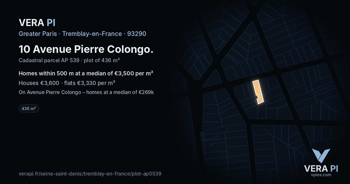 10 Avenue Pierre Colongo, Tremblay-en-France at night – the plot lit, the parcels around coloured by the prices near them