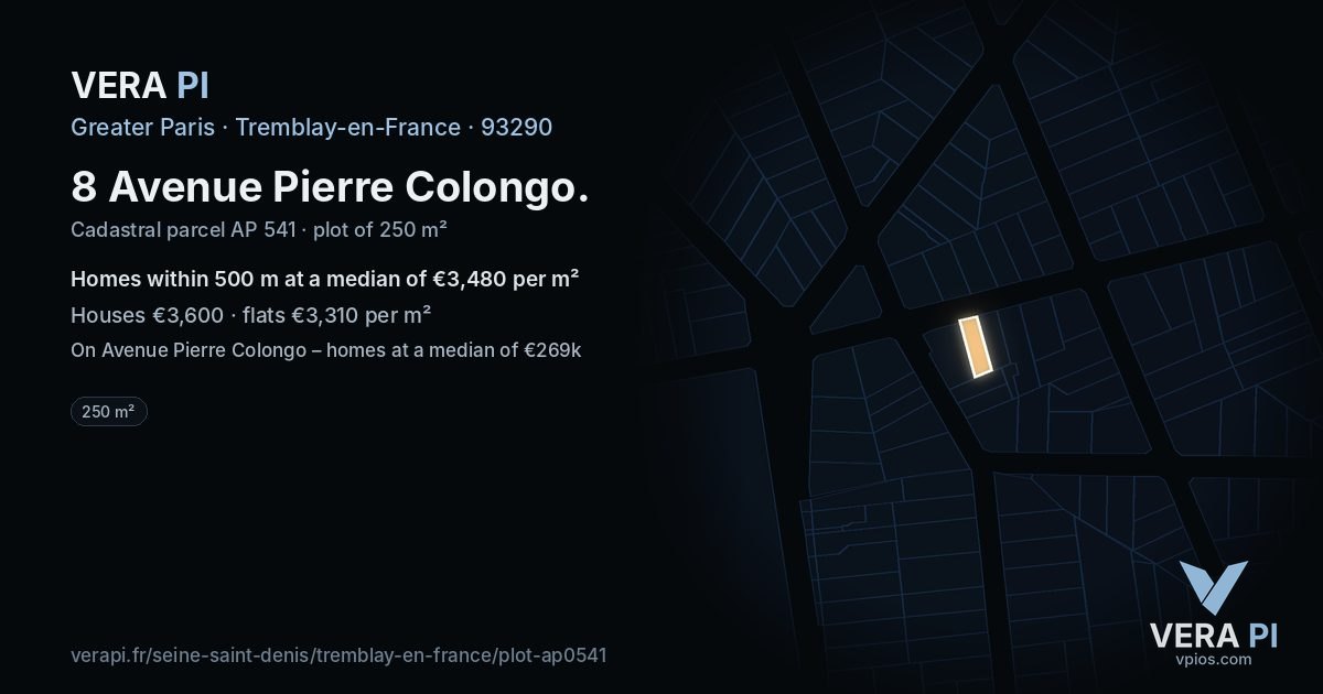 8 Avenue Pierre Colongo, Tremblay-en-France at night – the plot lit, the parcels around coloured by the prices near them