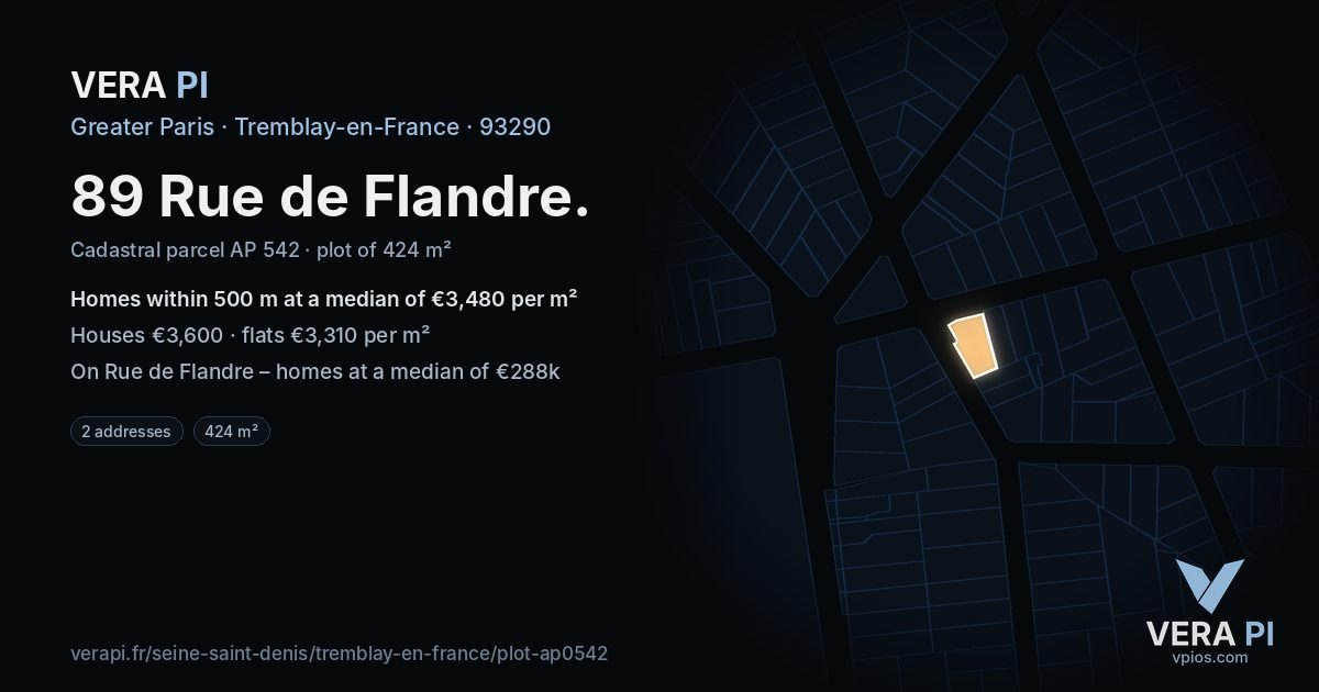 89 Rue de Flandre, Tremblay-en-France at night – the plot lit, the parcels around coloured by the prices near them