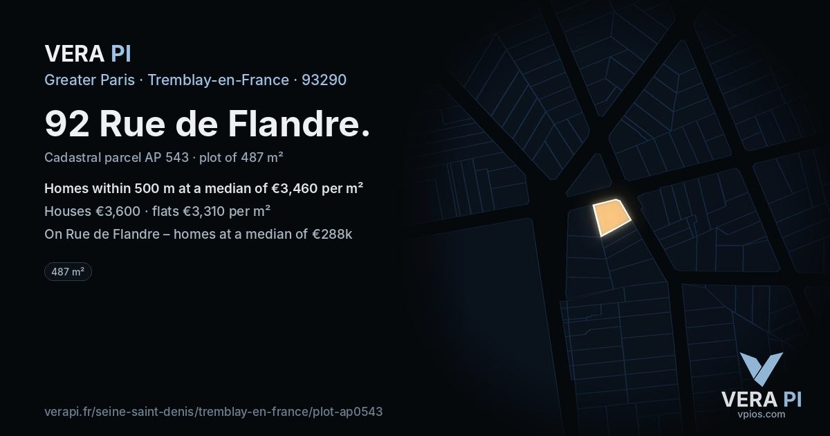 92 Rue de Flandre, Tremblay-en-France at night – the plot lit, the parcels around coloured by the prices near them