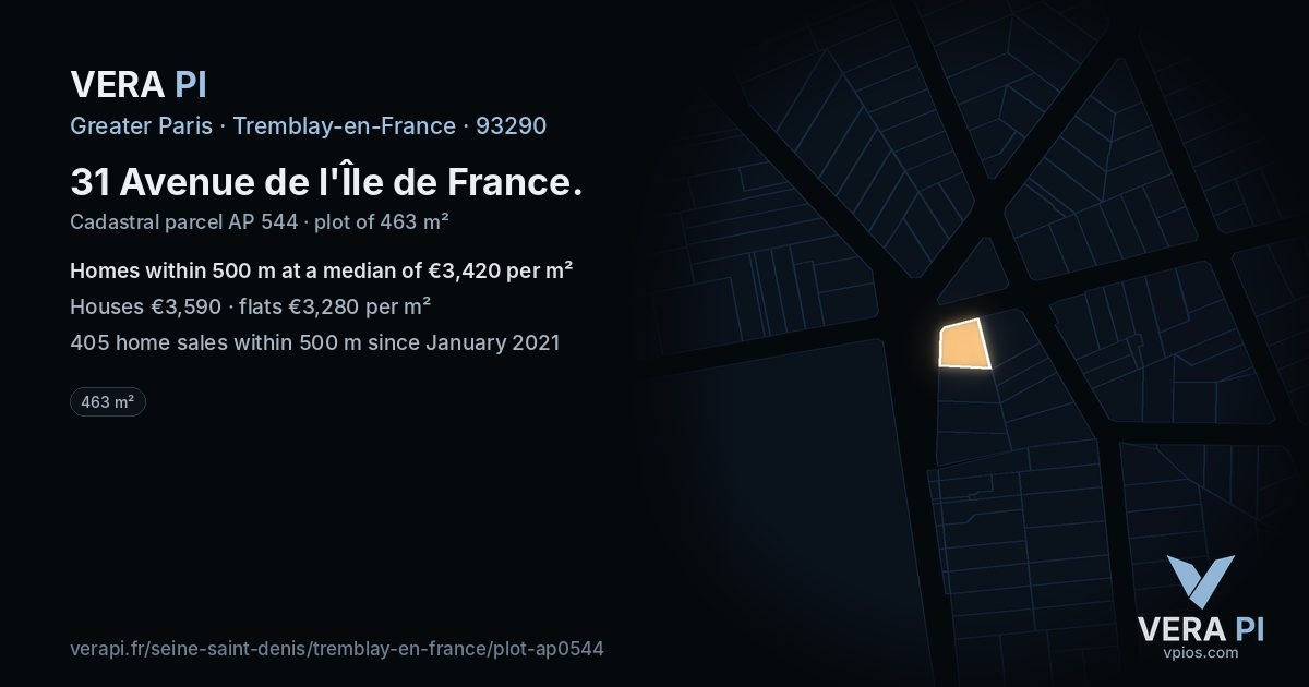 31 Avenue de l'Île de France, Tremblay-en-France at night – the plot lit, the parcels around coloured by the prices near them