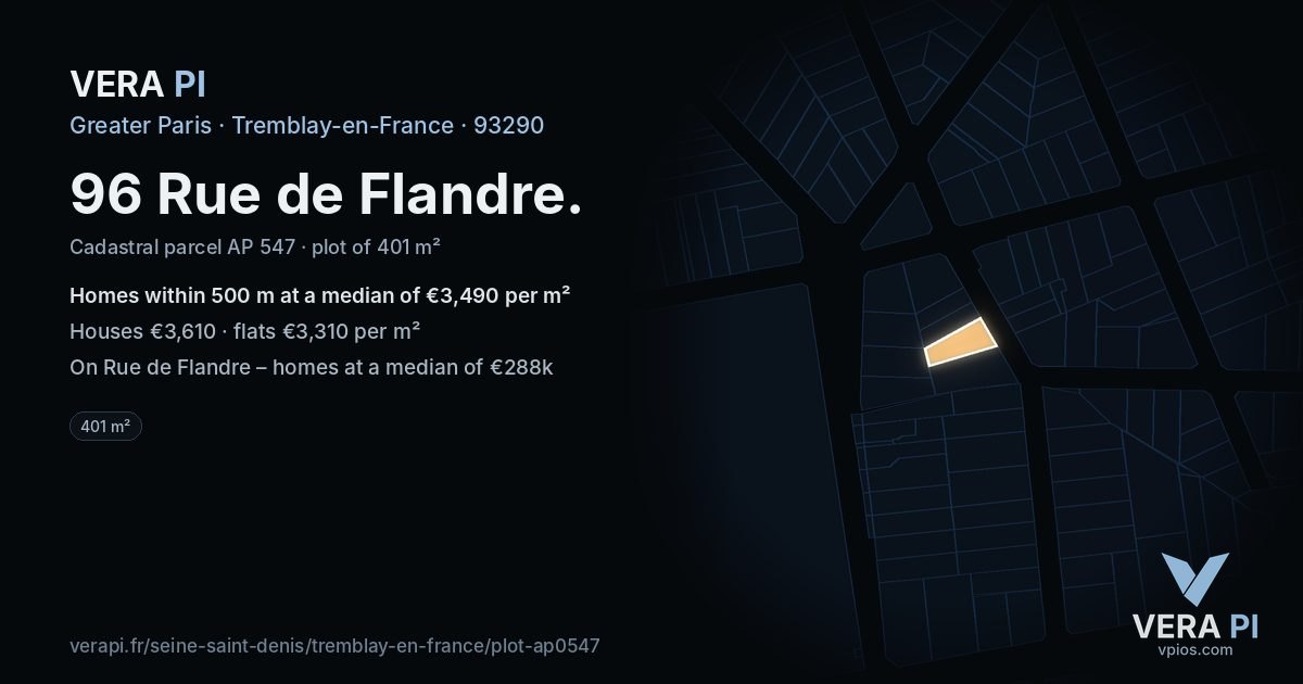 96 Rue de Flandre, Tremblay-en-France at night – the plot lit, the parcels around coloured by the prices near them