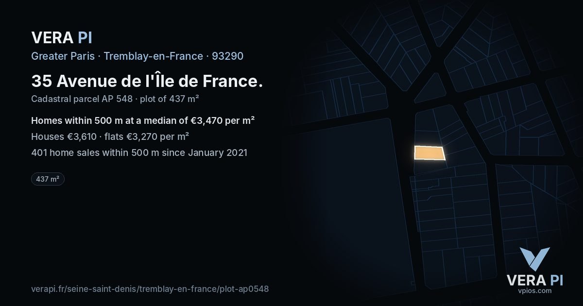 35 Avenue de l'Île de France, Tremblay-en-France at night – the plot lit, the parcels around coloured by the prices near them