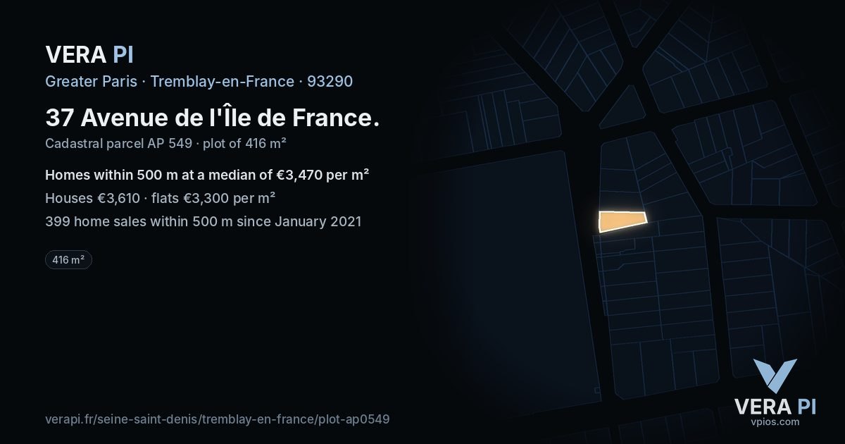 37 Avenue de l'Île de France, Tremblay-en-France at night – the plot lit, the parcels around coloured by the prices near them