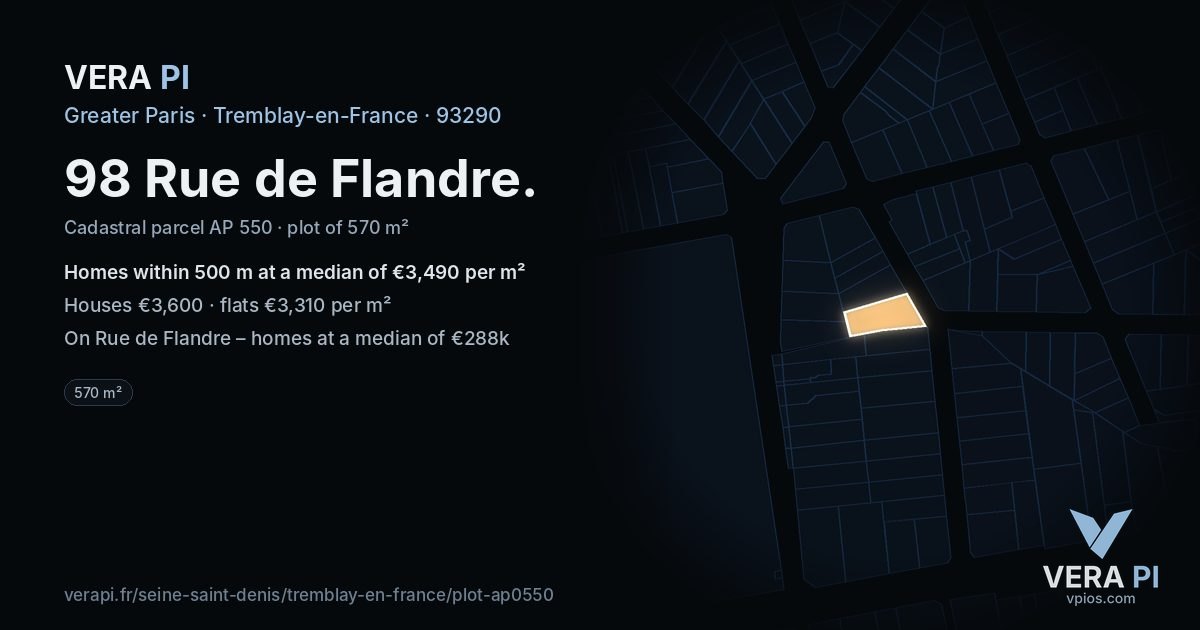 98 Rue de Flandre, Tremblay-en-France at night – the plot lit, the parcels around coloured by the prices near them