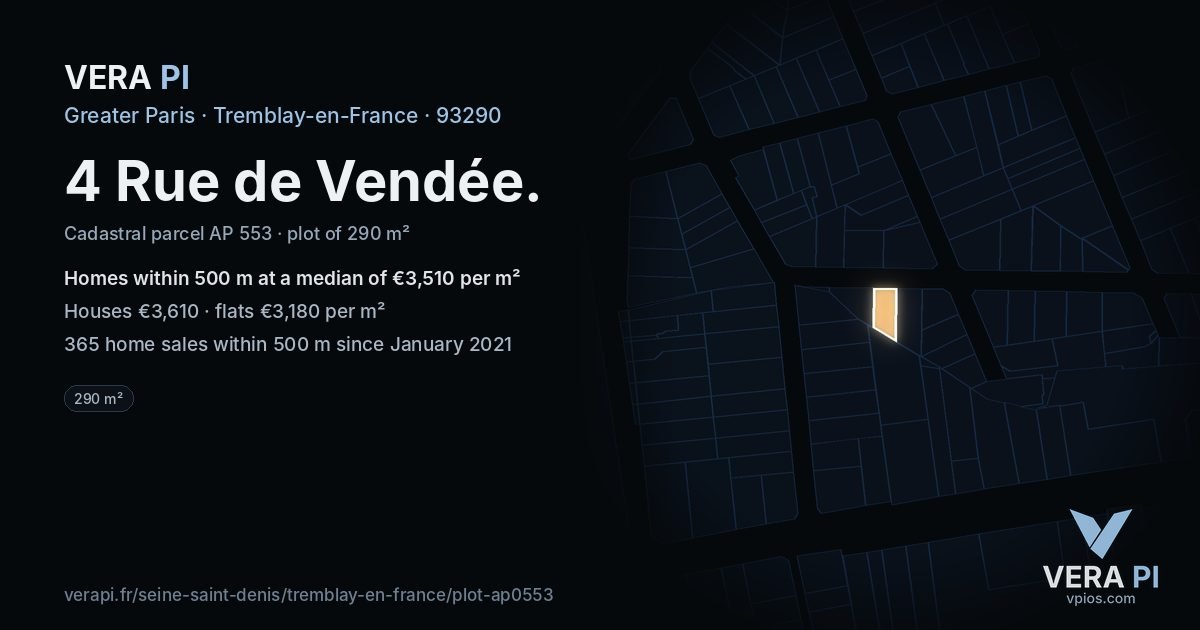 4 Rue de Vendée, Tremblay-en-France at night – the plot lit, the parcels around coloured by the prices near them