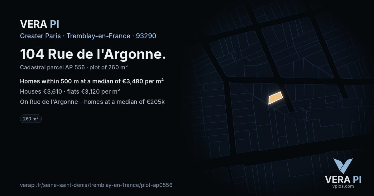 104 Rue de l'Argonne, Tremblay-en-France at night – the plot lit, the parcels around coloured by the prices near them