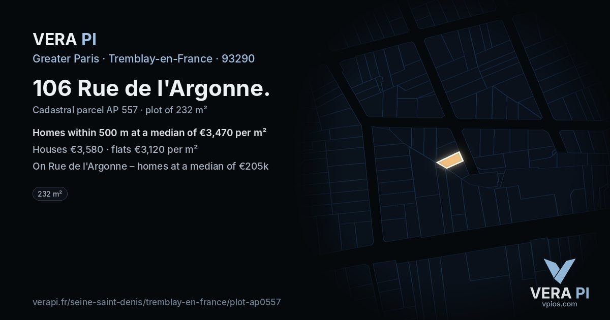 106 Rue de l'Argonne, Tremblay-en-France at night – the plot lit, the parcels around coloured by the prices near them