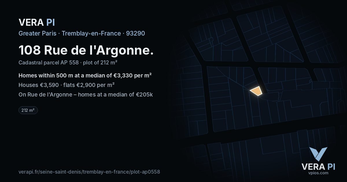 108 Rue de l'Argonne, Tremblay-en-France at night – the plot lit, the parcels around coloured by the prices near them