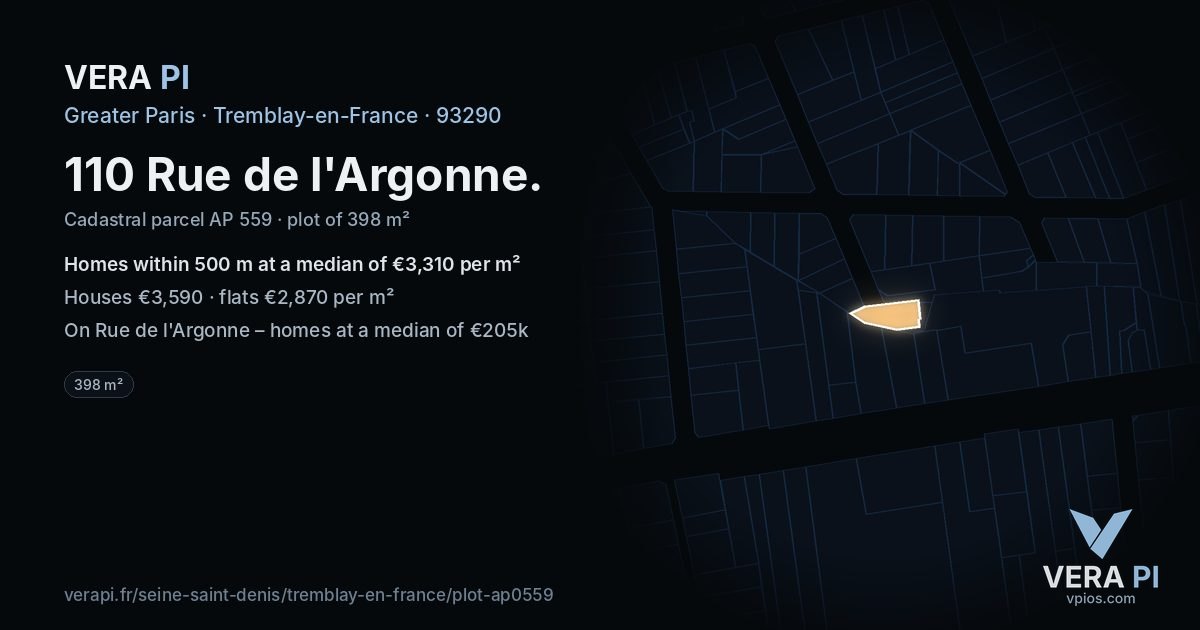 110 Rue de l'Argonne, Tremblay-en-France at night – the plot lit, the parcels around coloured by the prices near them