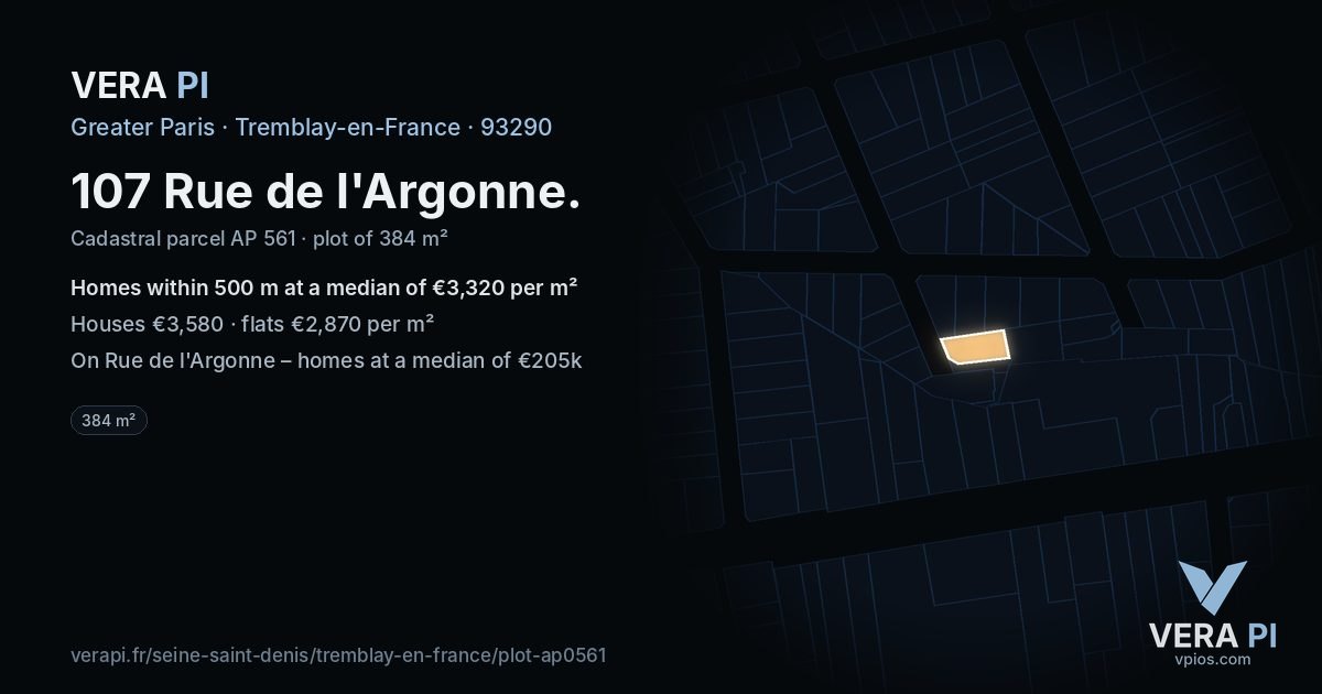 107 Rue de l'Argonne, Tremblay-en-France at night – the plot lit, the parcels around coloured by the prices near them