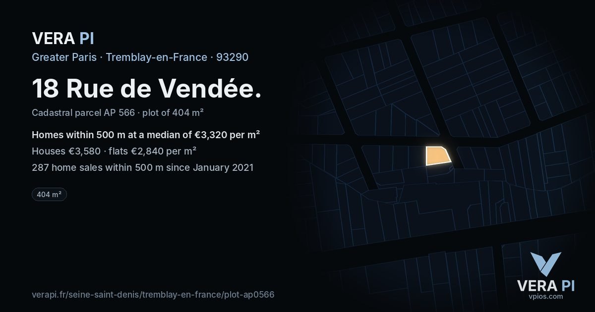 18 Rue de Vendée, Tremblay-en-France at night – the plot lit, the parcels around coloured by the prices near them