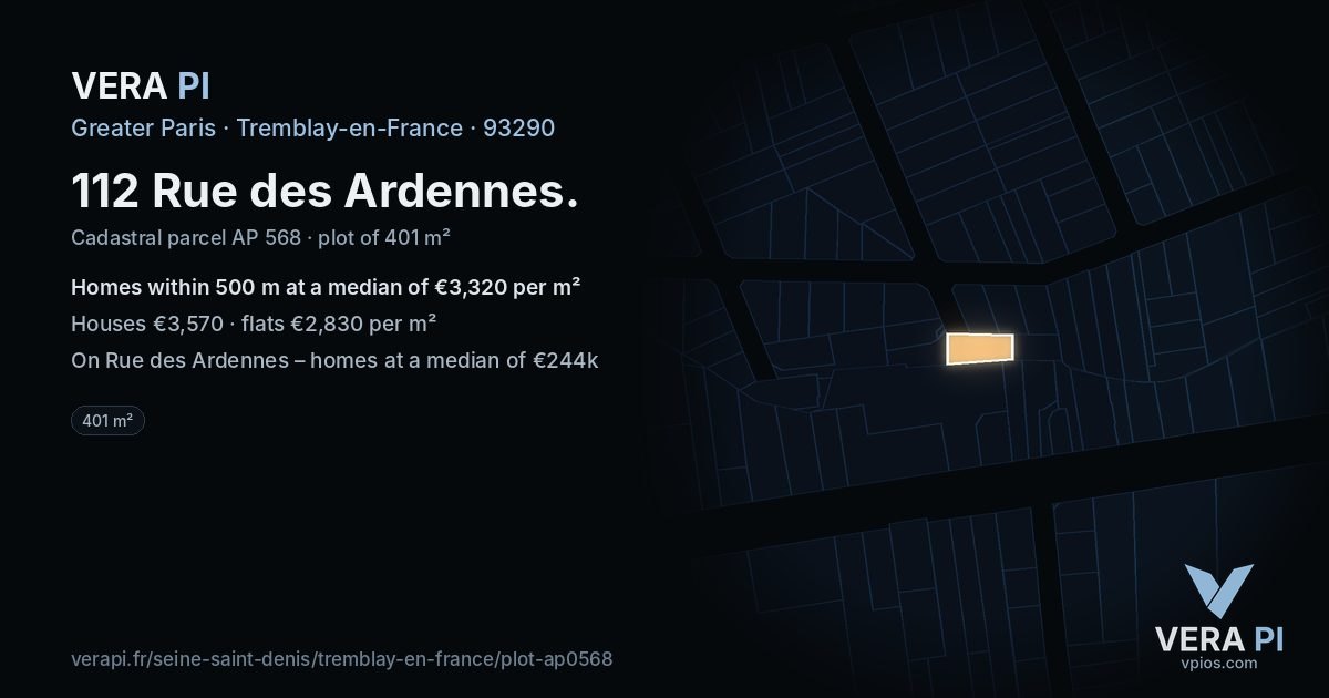 112 Rue des Ardennes, Tremblay-en-France at night – the plot lit, the parcels around coloured by the prices near them