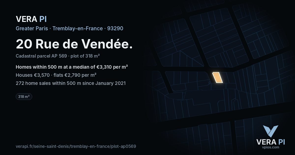 20 Rue de Vendée, Tremblay-en-France at night – the plot lit, the parcels around coloured by the prices near them