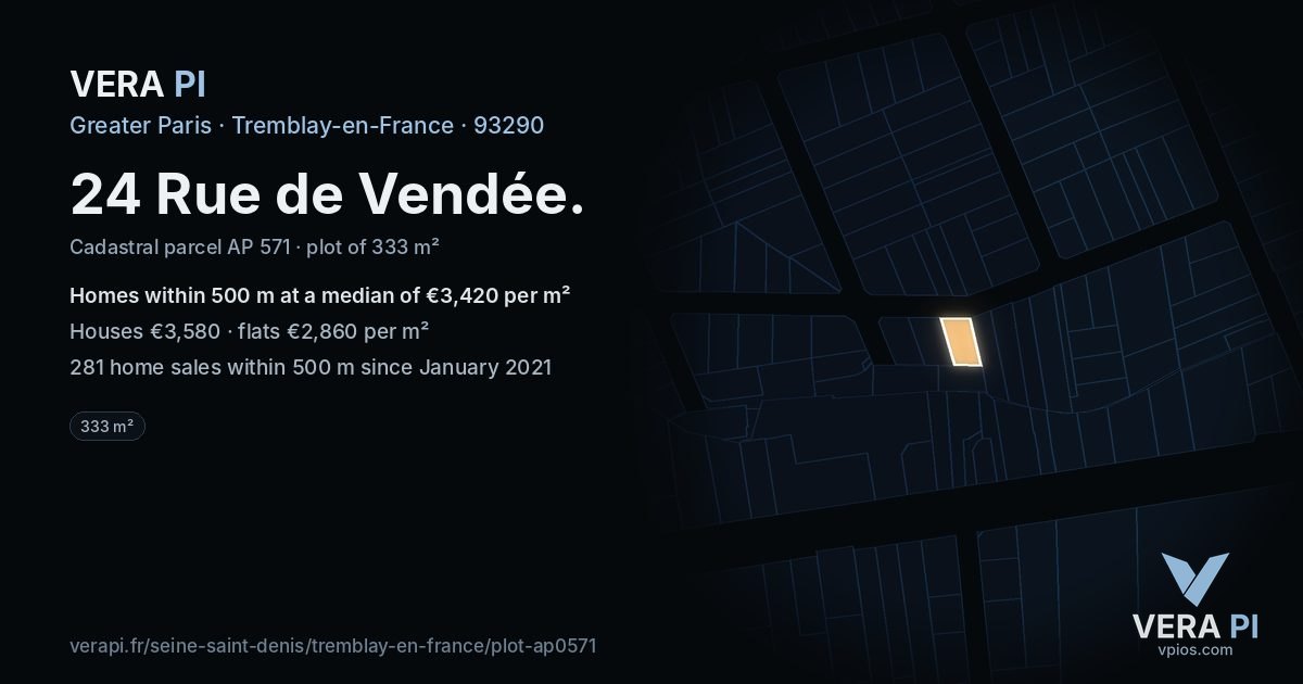 24 Rue de Vendée, Tremblay-en-France at night – the plot lit, the parcels around coloured by the prices near them