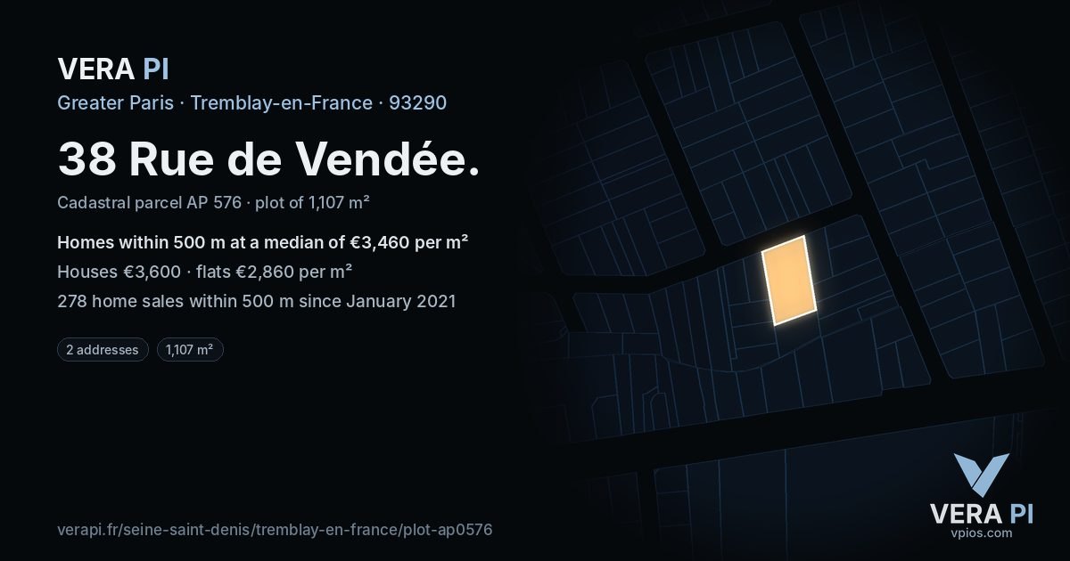 38 Rue de Vendée, Tremblay-en-France at night – the plot lit, the parcels around coloured by the prices near them