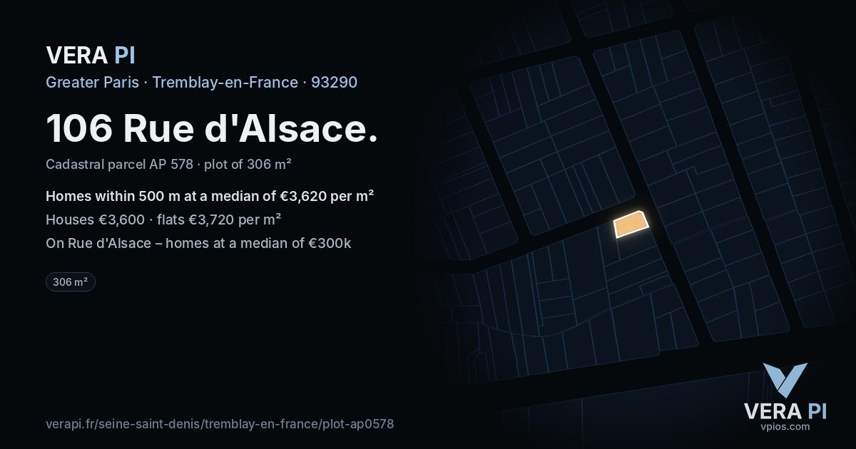 106 Rue d'Alsace, Tremblay-en-France at night – the plot lit, the parcels around coloured by the prices near them