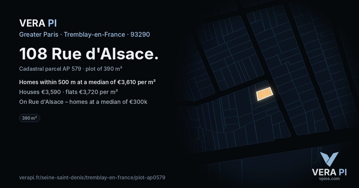 108 Rue d'Alsace, Tremblay-en-France at night – the plot lit, the parcels around coloured by the prices near them