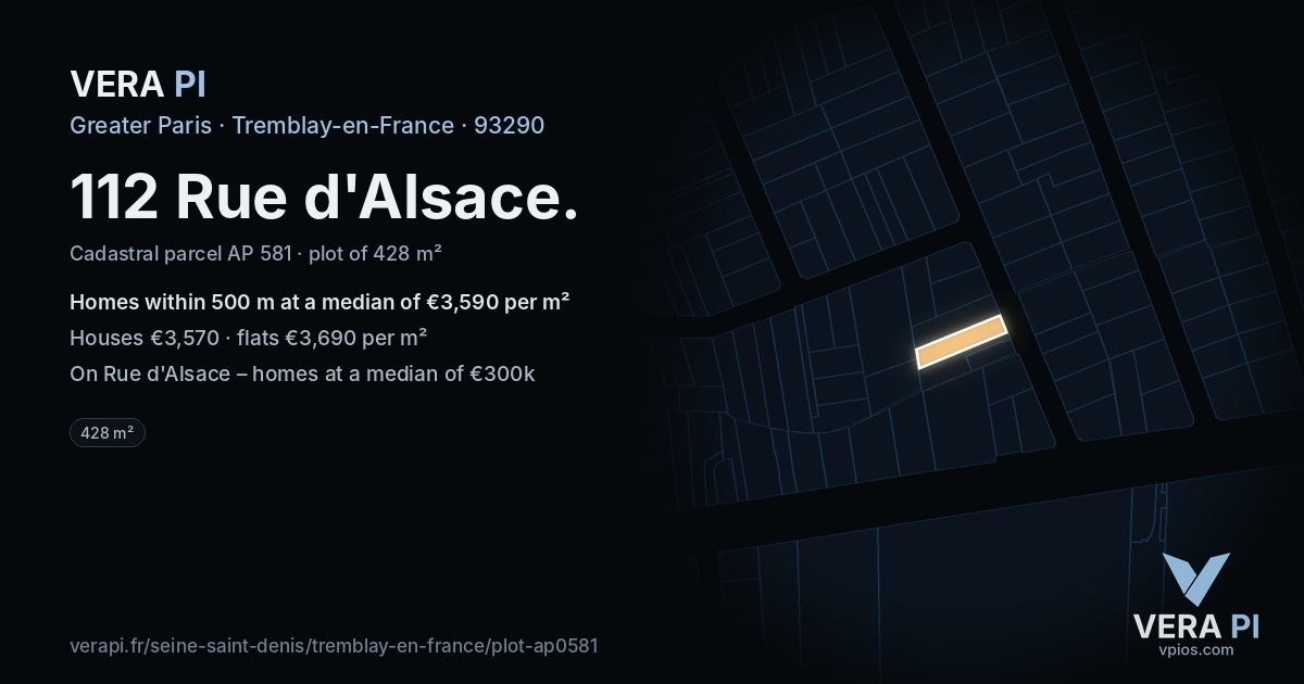 112 Rue d'Alsace, Tremblay-en-France at night – the plot lit, the parcels around coloured by the prices near them