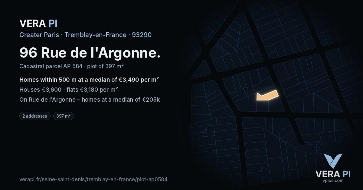 96 Rue de l'Argonne, Tremblay-en-France at night – the plot lit, the parcels around coloured by the prices near them
