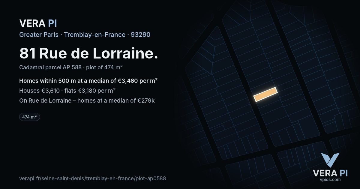 81 Rue de Lorraine, Tremblay-en-France at night – the plot lit, the parcels around coloured by the prices near them