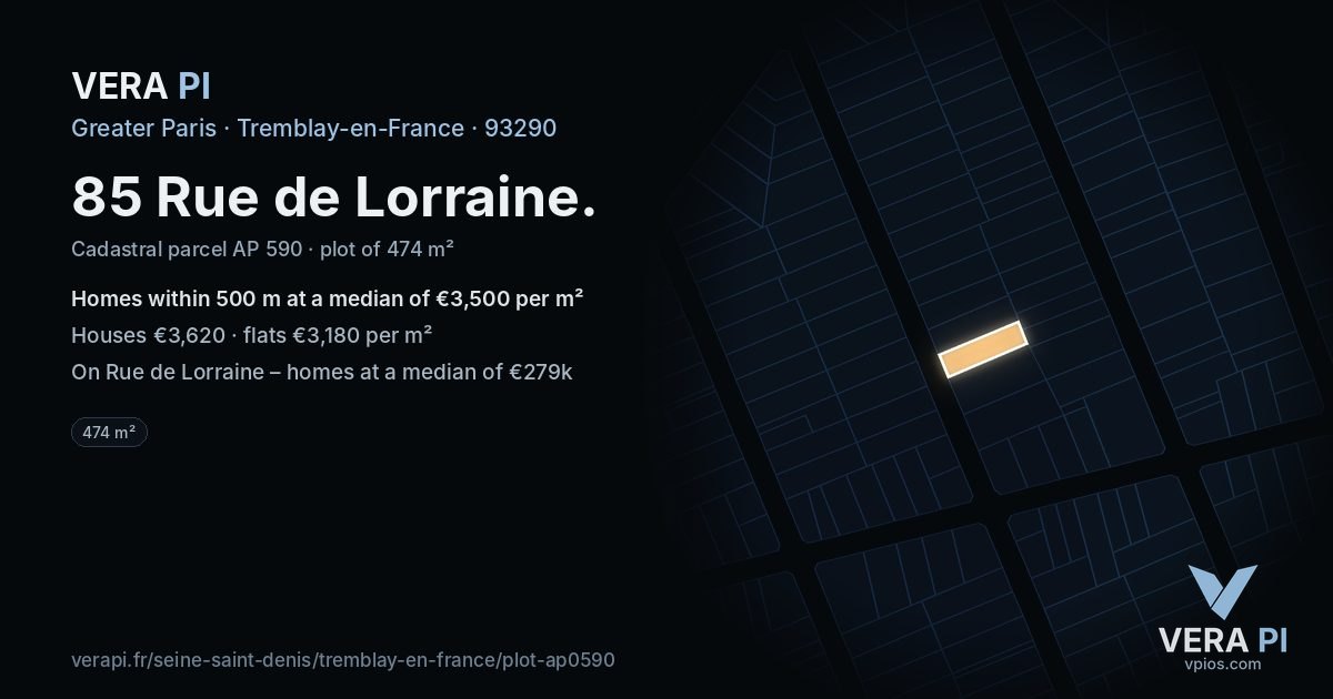 85 Rue de Lorraine, Tremblay-en-France at night – the plot lit, the parcels around coloured by the prices near them