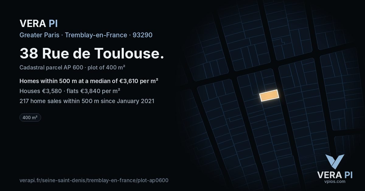 38 Rue de Toulouse, Tremblay-en-France at night – the plot lit, the parcels around coloured by the prices near them