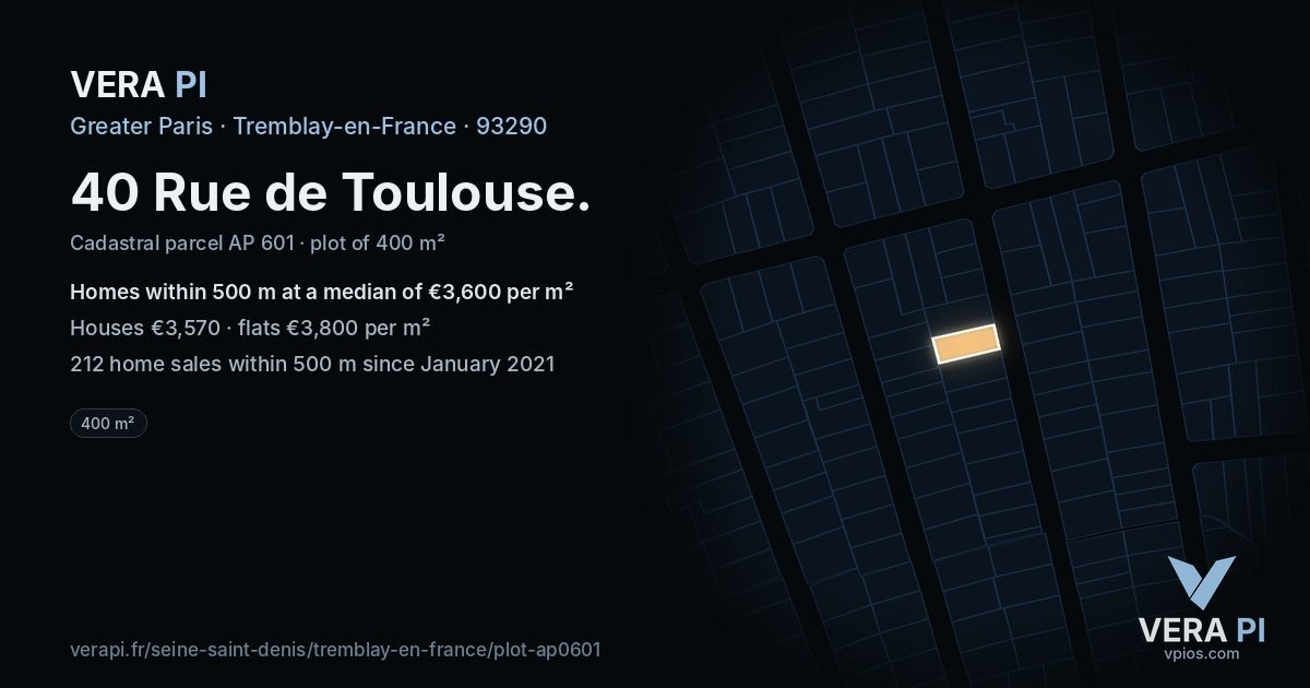 40 Rue de Toulouse, Tremblay-en-France at night – the plot lit, the parcels around coloured by the prices near them