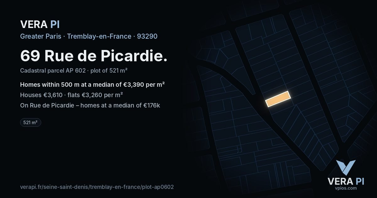 69 Rue de Picardie, Tremblay-en-France at night – the plot lit, the parcels around coloured by the prices near them