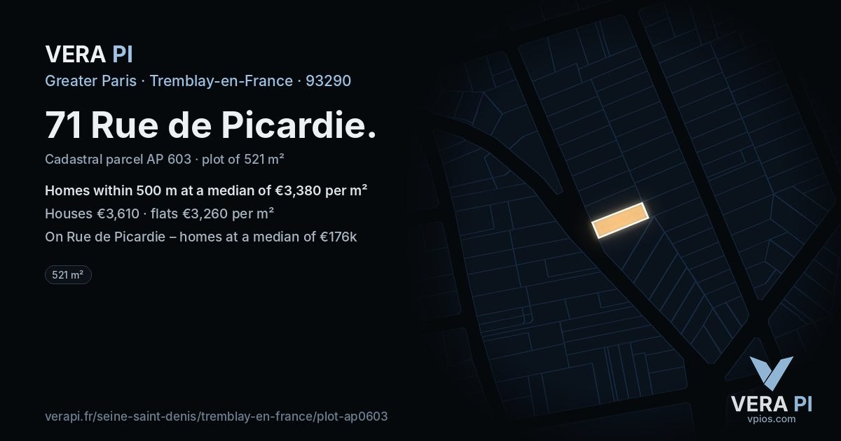 71 Rue de Picardie, Tremblay-en-France at night – the plot lit, the parcels around coloured by the prices near them
