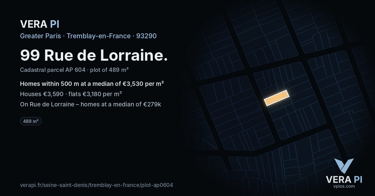 99 Rue de Lorraine, Tremblay-en-France at night – the plot lit, the parcels around coloured by the prices near them
