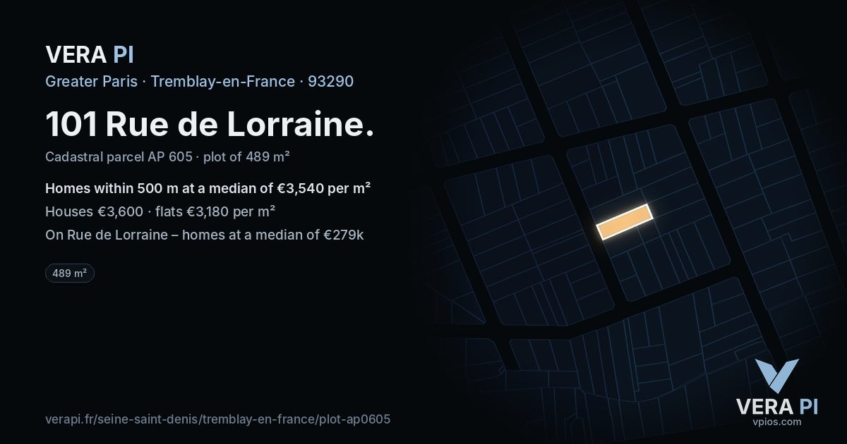 101 Rue de Lorraine, Tremblay-en-France at night – the plot lit, the parcels around coloured by the prices near them