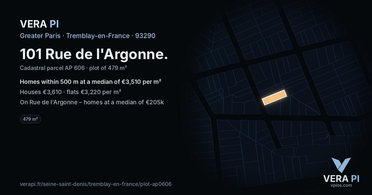 101 Rue de l'Argonne, Tremblay-en-France at night – the plot lit, the parcels around coloured by the prices near them