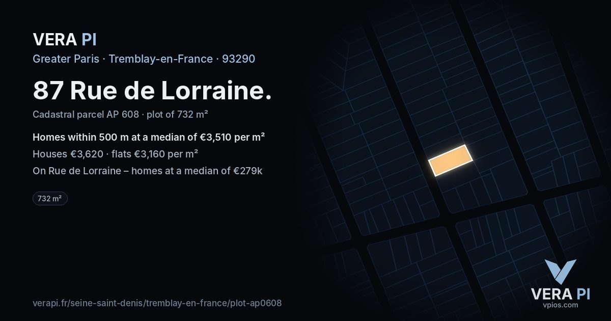87 Rue de Lorraine, Tremblay-en-France at night – the plot lit, the parcels around coloured by the prices near them