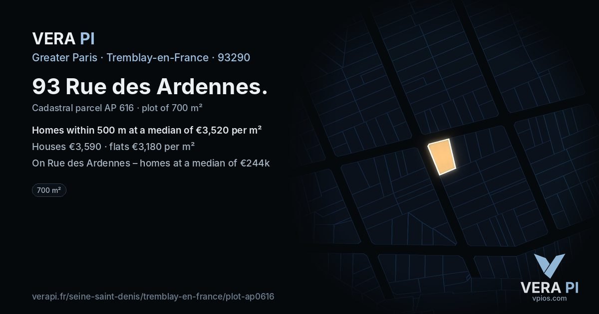 93 Rue des Ardennes, Tremblay-en-France at night – the plot lit, the parcels around coloured by the prices near them