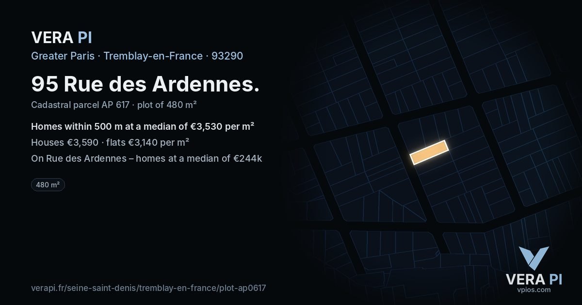 95 Rue des Ardennes, Tremblay-en-France at night – the plot lit, the parcels around coloured by the prices near them